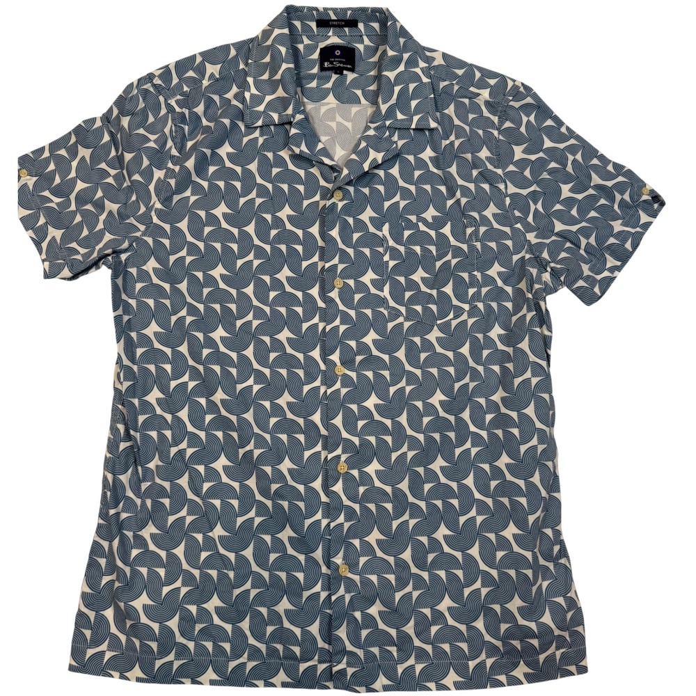Ben Sherman Mens Blue White Geometric Arc Print Short Sleeve Stretch Shirt L